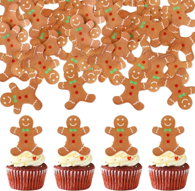 Ercadio 40 Pcs Edible Merry Christmas Cupcake Toppers Brown Gingerbread Man Cupcake Drink Topper Picks for Celebrating Merry Christmas Theme New Year Holiday Party Cake Decorations Supplies - Image 1